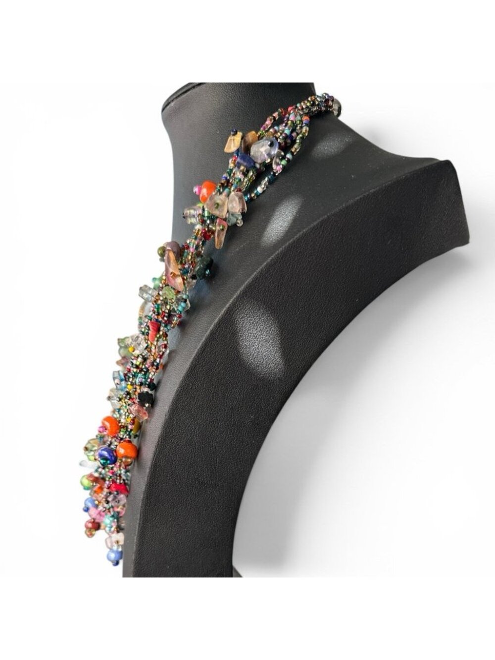 Vintage Vibrant Multi Strand Semi Precious Stone Bead Necklace & Glass Bead 22" - Picture 2 of 3